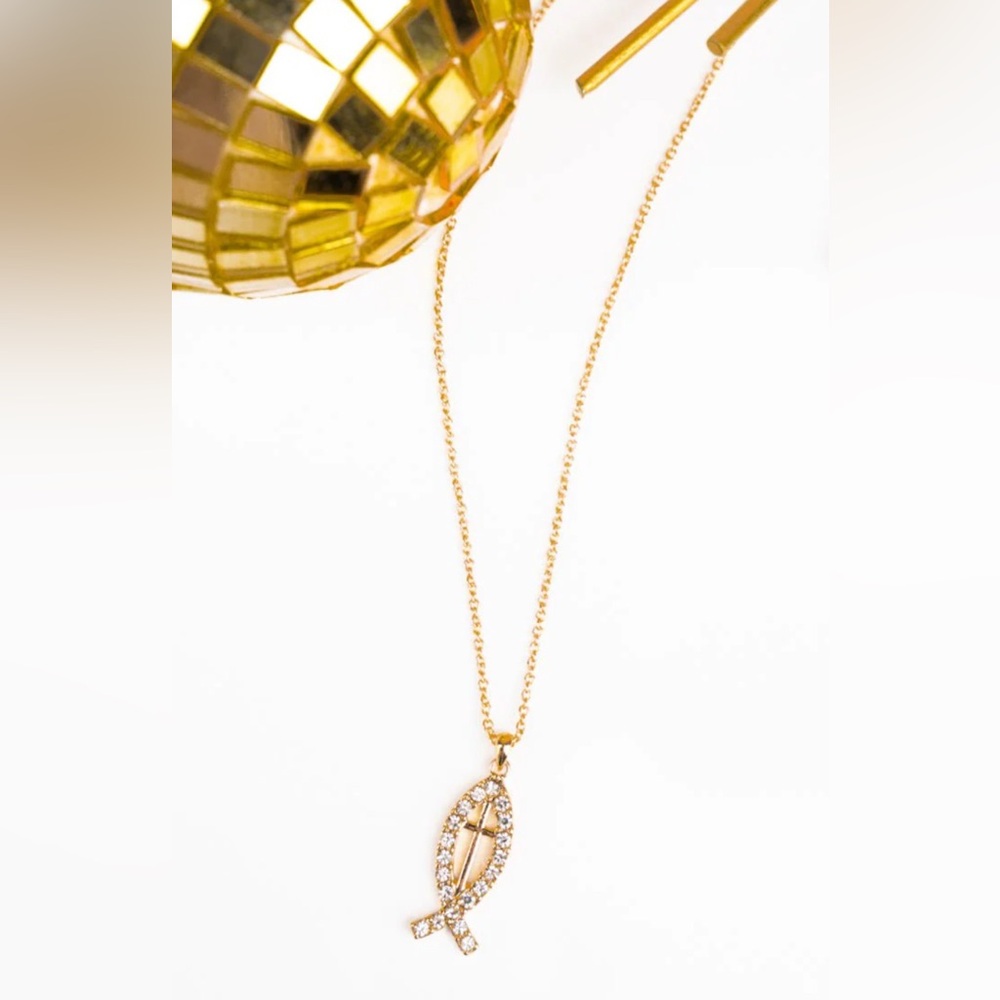 CRYSTAL JESUS FISH CROSS NECKLACE